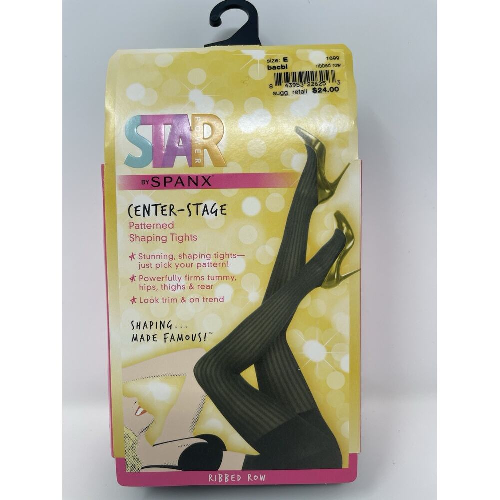 NEW Star Power By SPANX Center-Stage Ribbed Row Shaping Tights Black Size E‎